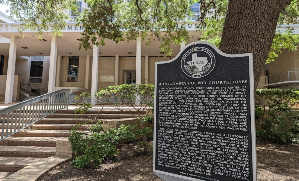 Montgomery County Courthouse Texas Historical Commission marker in downtown Conroe TX — child custody attorney Conroe TX