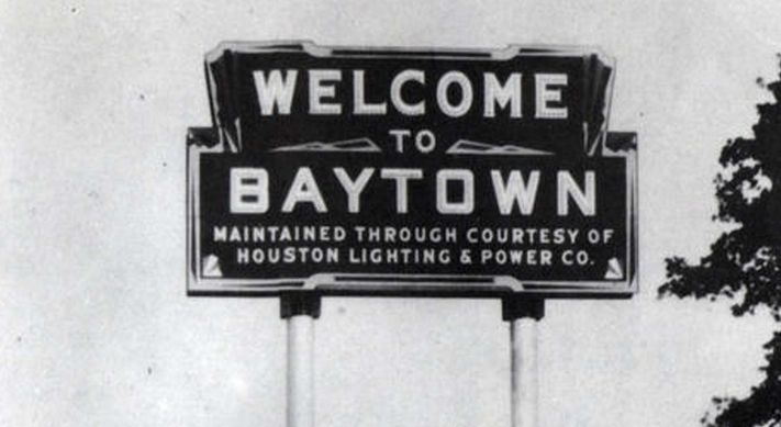 Vintage Welcome to Baytown Texas sign — child custody attorney Houston TX serving Baytown ExxonMobil workforce and GCCISD custody cases