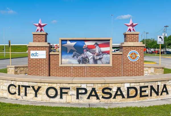 City of Pasadena Texas entrance monument — child custody attorney Houston TX serving Pasadena petrochemical workforce and Pasadena ISD custody cases