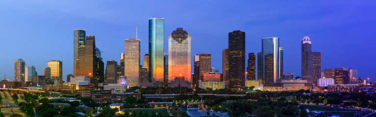 Houston Texas panoramic skyline at blue hour — child custody attorney Houston TX serving every neighborhood and Harris County