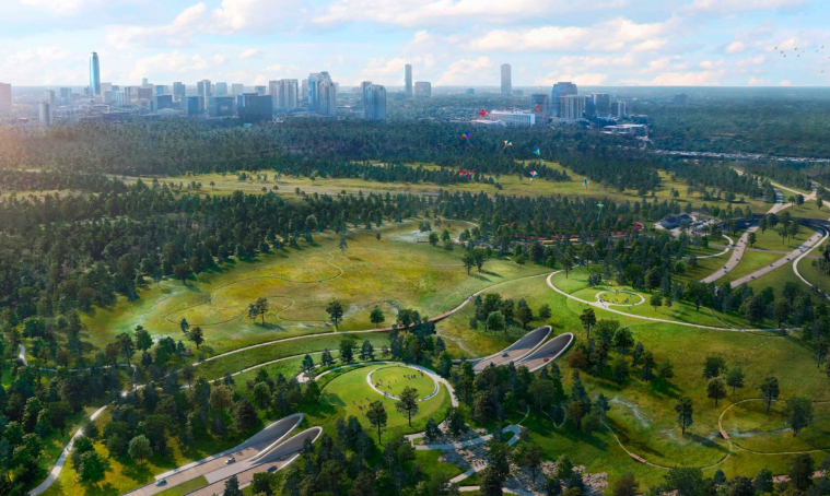 Memorial Park aerial view Houston Texas with skyline — child custody attorney Houston TX serving Memorial custody modification cases