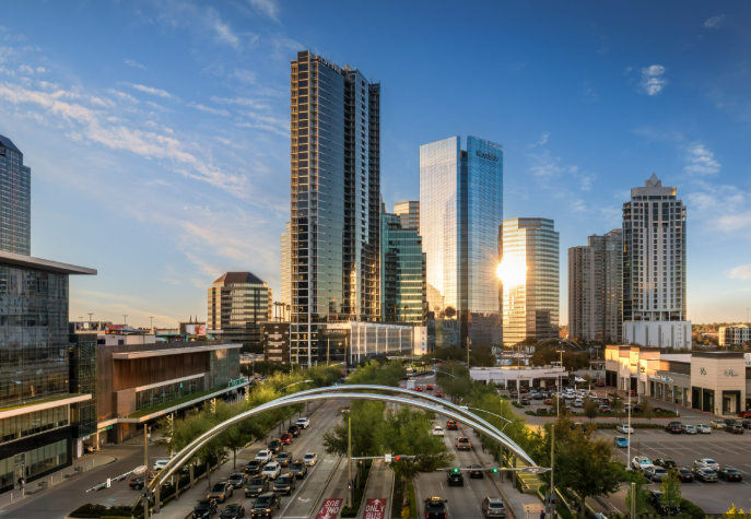 Uptown Houston Galleria skyline at golden hour — child custody attorney Houston TX serving Galleria high-rise custody and variable income support cases