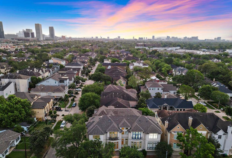 West University Place Houston Texas aerial view at sunset — child custody attorney Houston TX serving West U school district and dual-physician custody cases